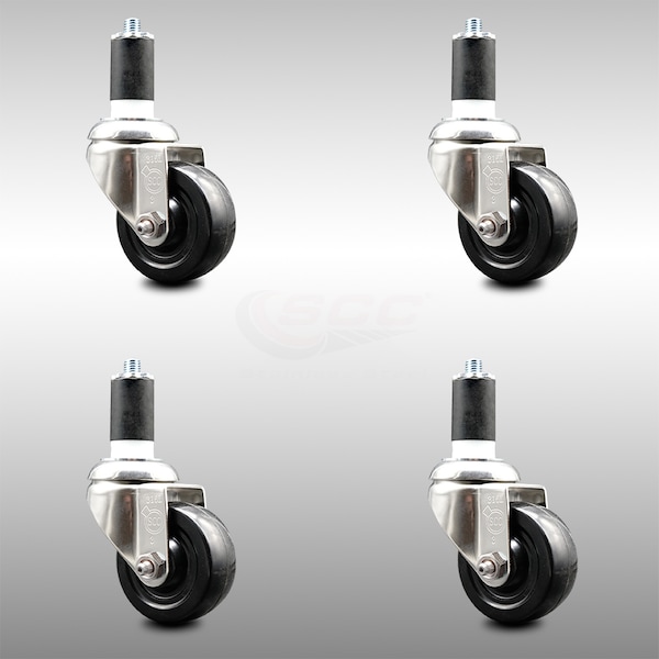 3 Inch 316SS Hard Rubber Wheel Swivel 1-1/2 Inch Expanding Stem Caster Set SCC